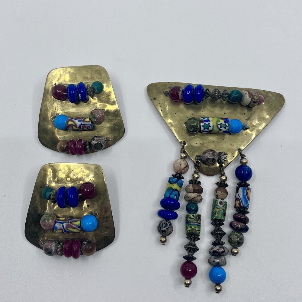 Vintage 80s Artisan Brass and Art Bead Brooch & Earrings Demi Parure